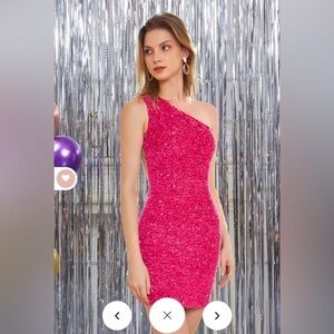 One Shoulder Pink Sequin Dress - Prom, Homecoming , Graduation Mini Dress